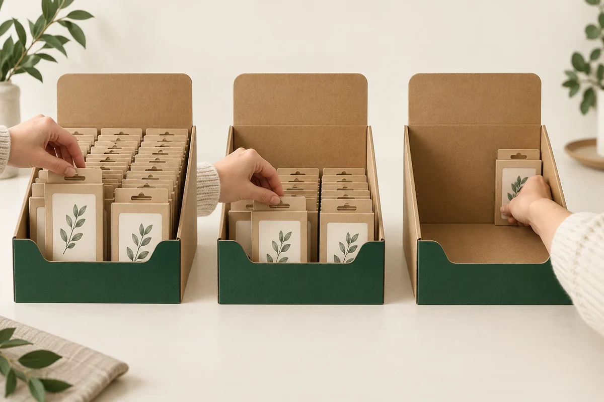 Customer removal is shown in full, partly stocked and last-unit front-wall display concepts.
