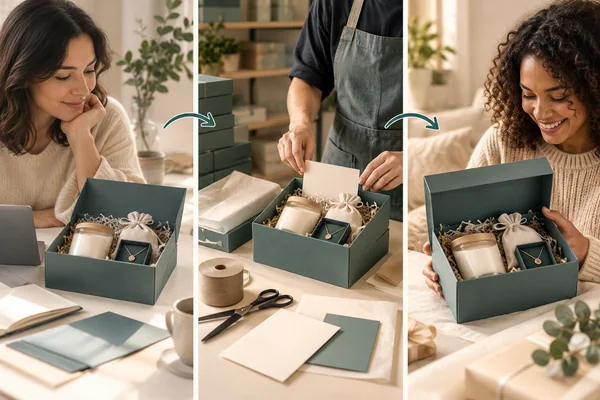 Buyer, packer and recipient handling gift presentations in three separate conceptual panels