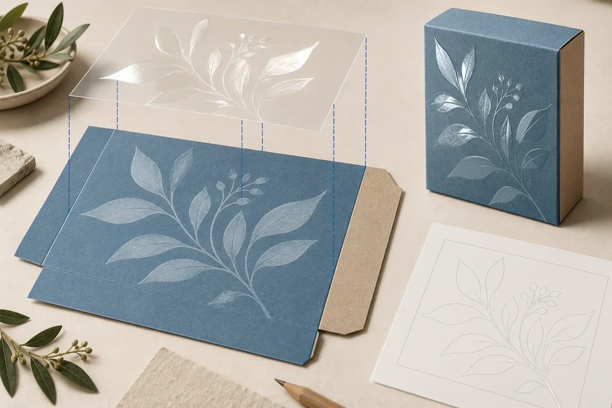 Printed panel and formed carton align with a floating digital mask representation and drawn motif boundary.