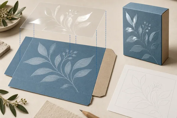 Printed panel and formed carton align with a floating digital mask representation and drawn motif boundary.