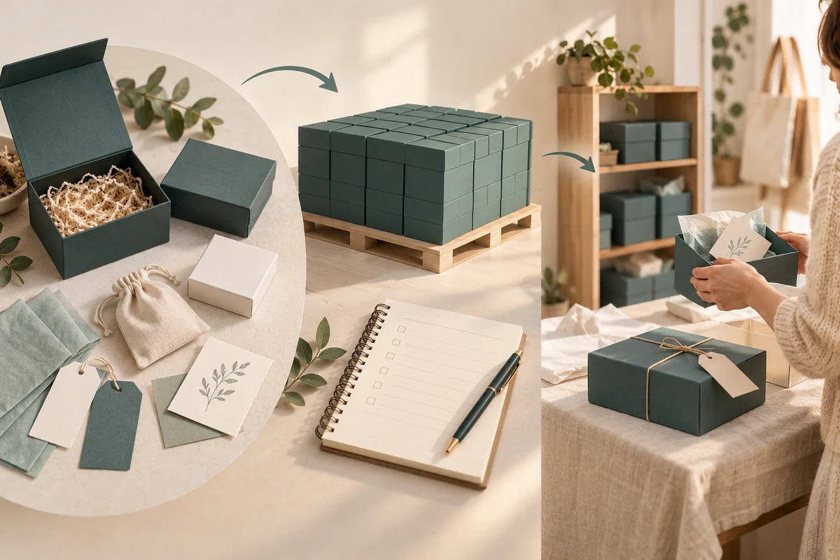 Printed packaging examples and stored boxes beside a packing workstation