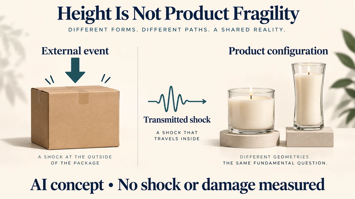 AI-assisted concept separating the external drop condition from the unknown shock at the product. No glass, drop or damage criterion was tested.