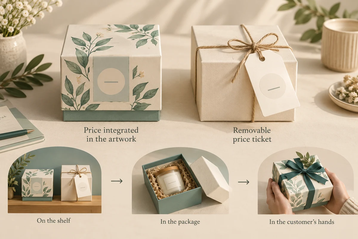 Illustrated price area within box artwork beside a removable hanging price ticket, with three presentation views
