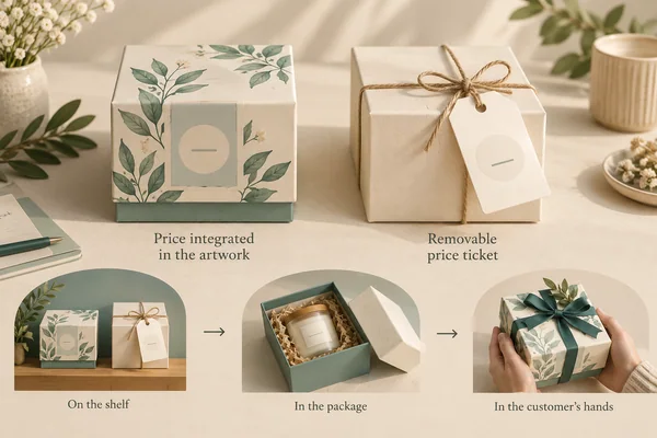 Illustrated price area within box artwork beside a removable hanging price ticket, with three presentation views