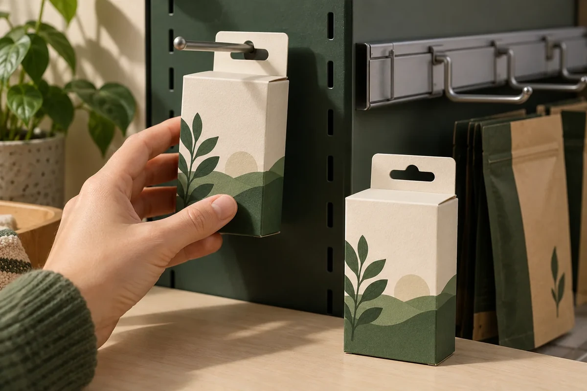 A hand positions a hanging carton on a peg beside an unmounted carton and neighbouring fixture
