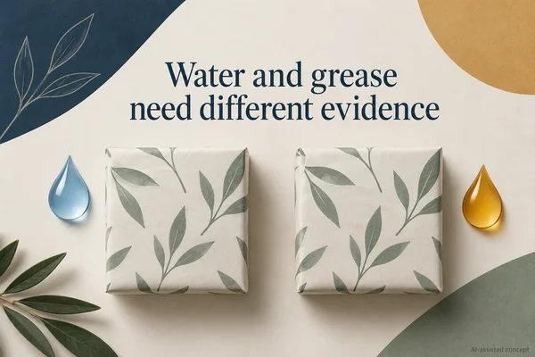AI-assisted concept. Water and oil symbols beside two paper concepts identify different liquid questions; no stain or resistance result is shown.