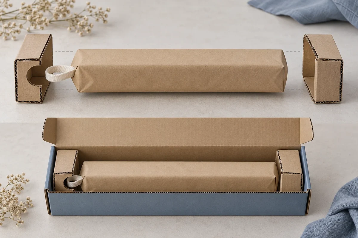 A long wrapped gift has a projecting loop at one end, different corrugated end supports and an installed outer box.
