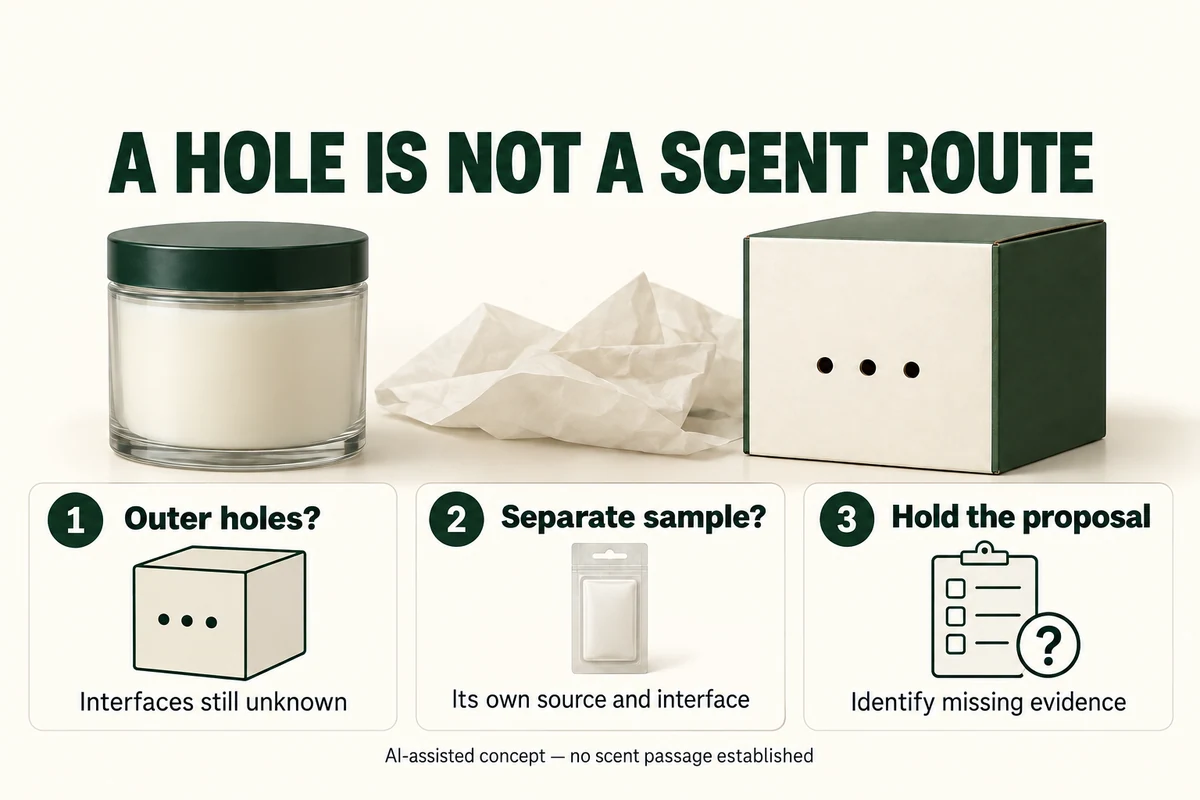 Closed-lid candle, folded tissue and proposed carton holes beside three unresolved sampling choices.