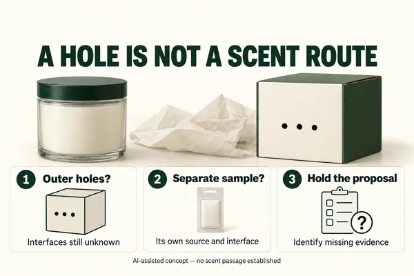 Closed-lid candle, folded tissue and proposed carton holes beside three unresolved sampling choices.