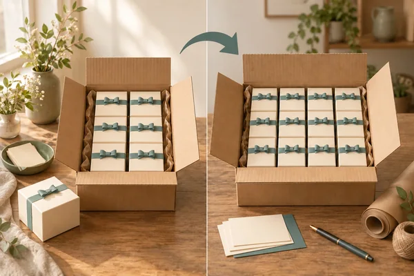 AI-assisted hypothetical comparison: six complete unchanged gift units inside the left case and twelve inside the right case. The separate unit outside the left case is not included in either case count.