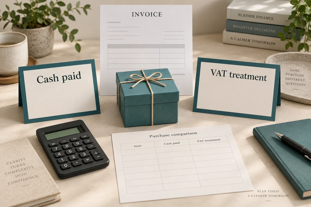 A teal gift box between cards labeled Cash paid and VAT treatment, with a blank invoice, unpriced purchase-comparison worksheet, calculator and decorative books