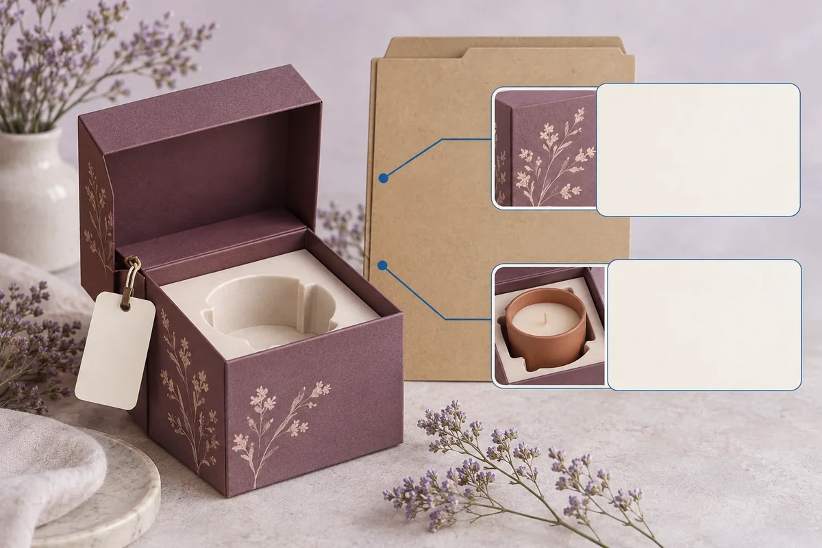 Blank approval tag and separate exterior-artwork and holder/product detail callouts accompany a box concept.