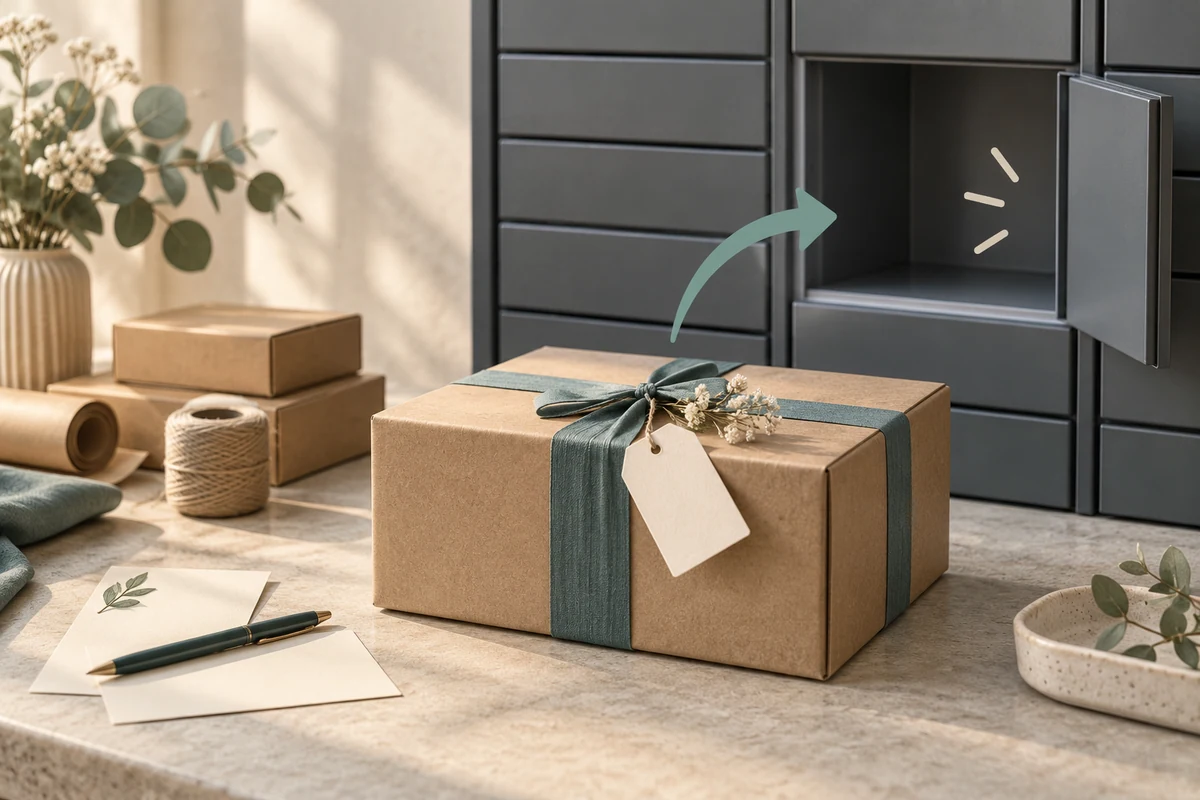 Wrapped gift parcel beside an open compartment in an unbranded locker
