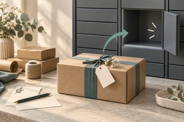 Wrapped gift parcel beside an open compartment in an unbranded locker