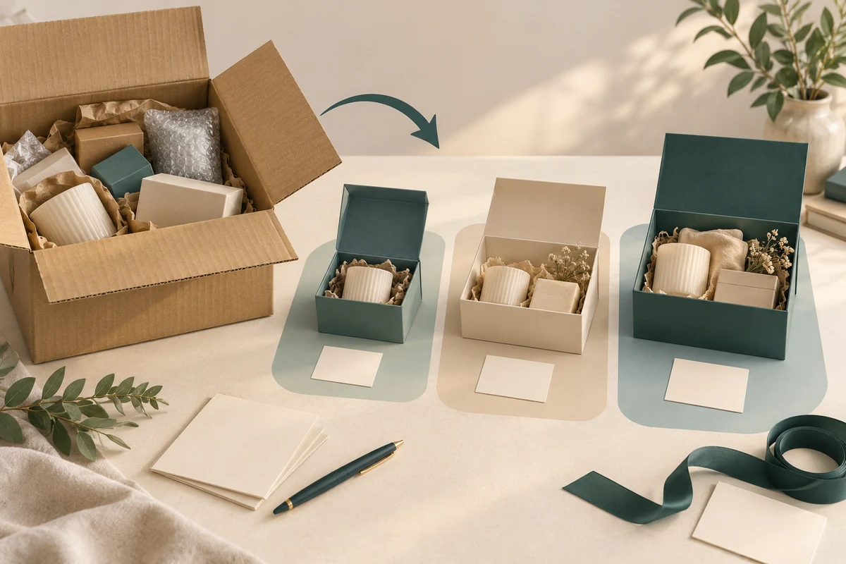 Returned shipping case beside three groups of opened presentation boxes and blank status cards