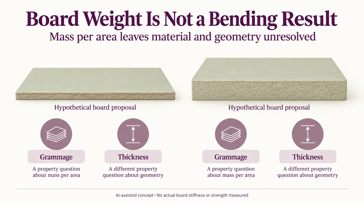 AI-assisted hypothetical panel proposals with differing illustrated thickness, separating grammage as mass per area from thickness as a geometric property.