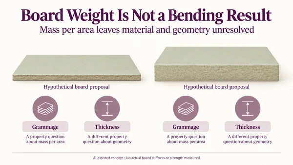 AI-assisted hypothetical panel proposals with differing illustrated thickness, separating grammage as mass per area from thickness as a geometric property.