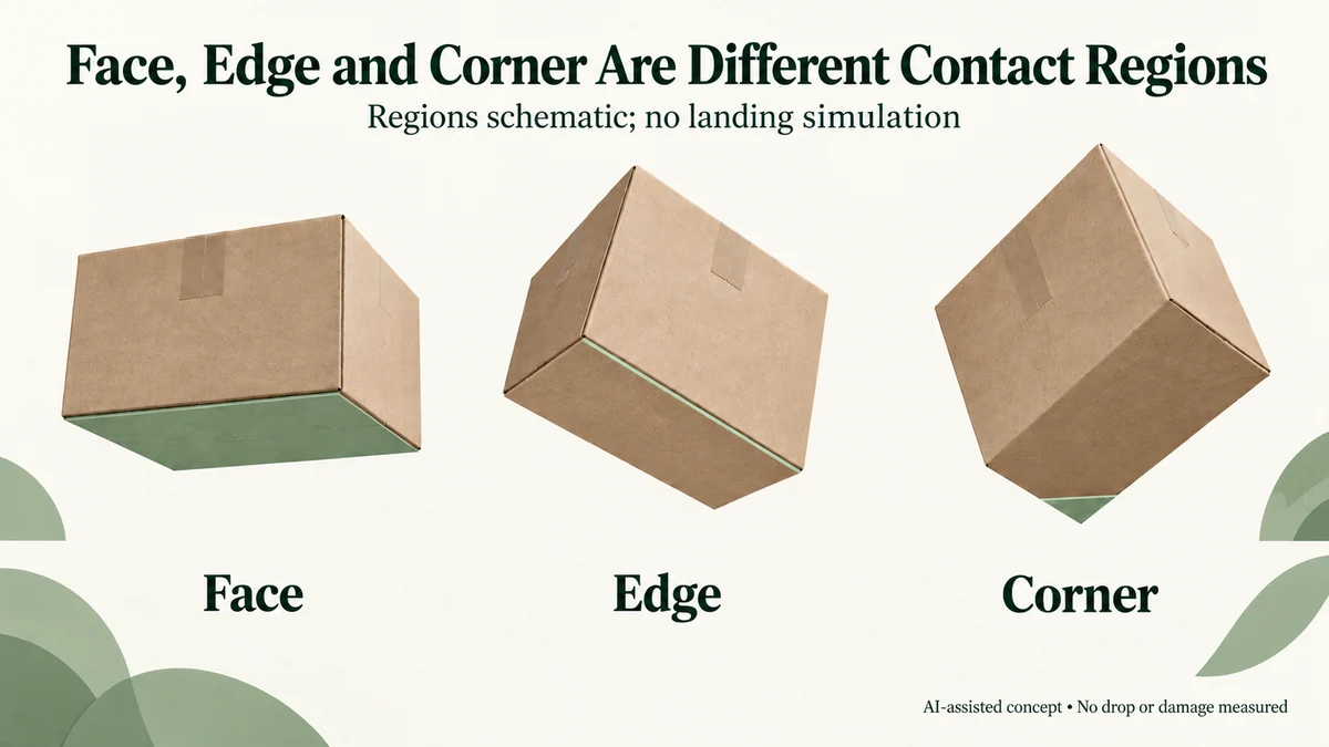 AI-assisted conceptual locators for face, edge and corner contact regions. Poses are schematic, not a landing simulation or measured impact.
