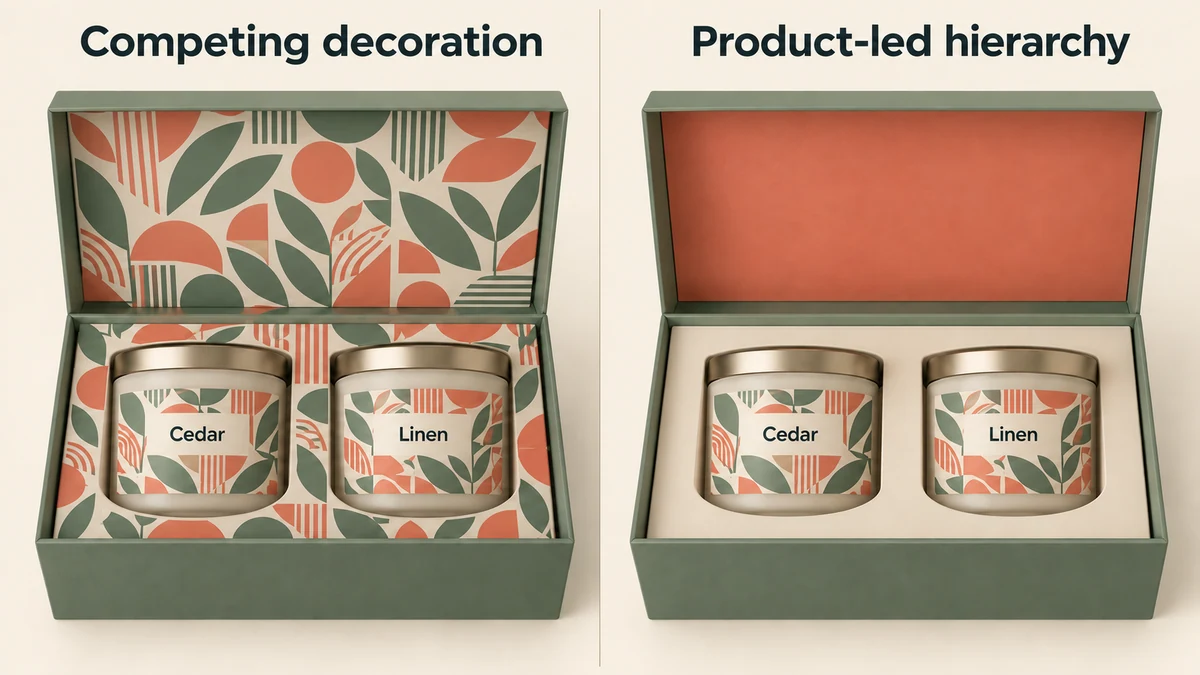 The same two labeled candle jars in matching sage boxes, comparing patterned inner surfaces with a solid coral inner lid and neutral cream insert.