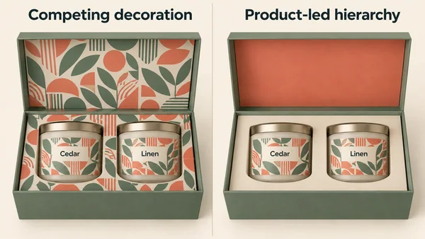 The same two labeled candle jars in matching sage boxes, comparing patterned inner surfaces with a solid coral inner lid and neutral cream insert.