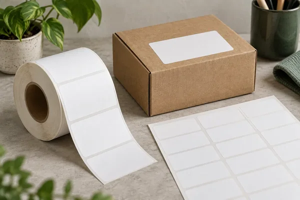 Blank roll labels and blank sheet labels beside a plain package surface.