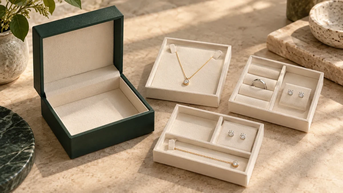Illustrative jewelry box and separate insert layouts for a ring, necklace and earrings.