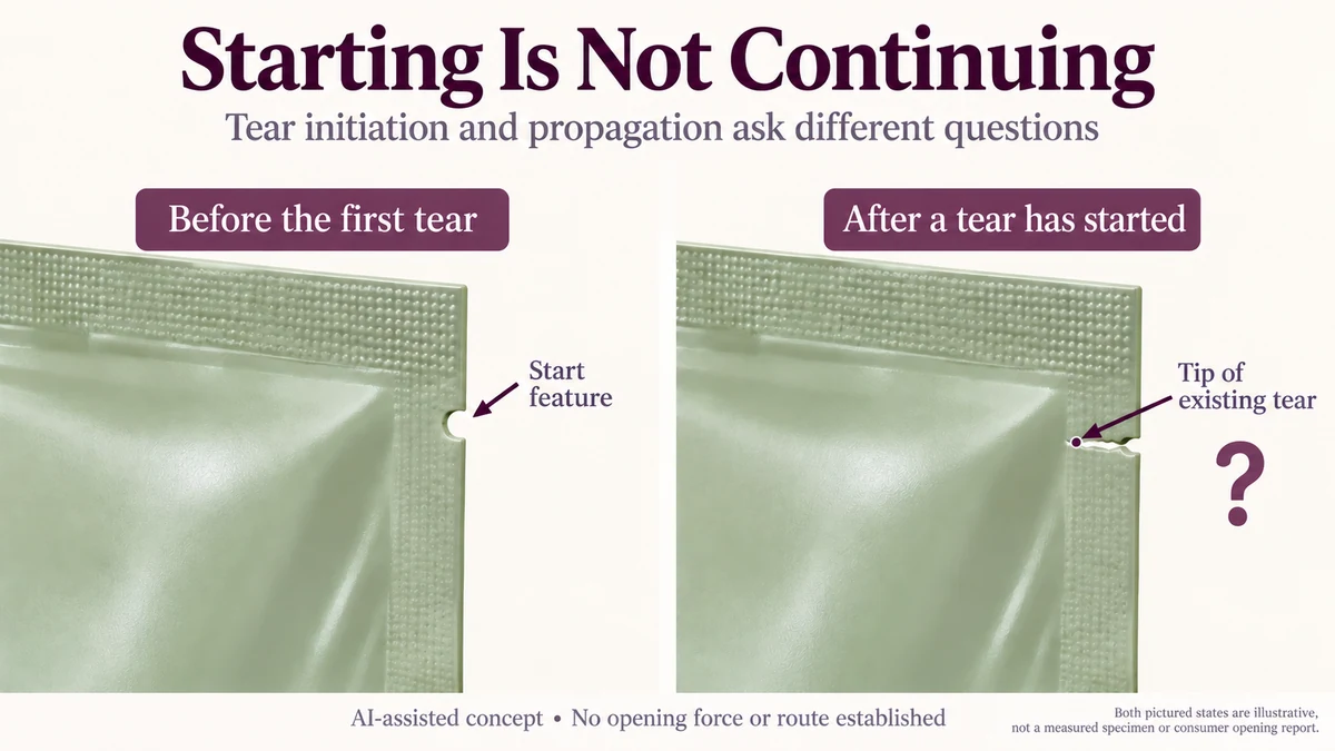 AI-assisted hypothetical pouch-film edge comparing a start feature before first tearing with an existing crack whose inward tip is marked for the continuation question.