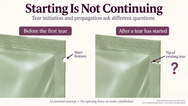 AI-assisted hypothetical pouch-film edge comparing a start feature before first tearing with an existing crack whose inward tip is marked for the continuation question.