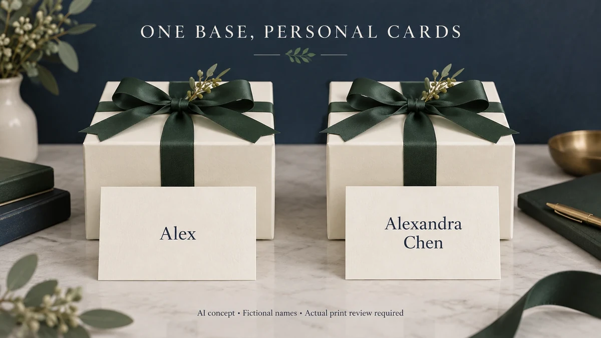 AI concept of the same base gift box paired with equal-size fictional Alex and Alexandra Chen name cards.