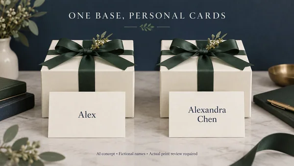 AI concept of the same base gift box paired with equal-size fictional Alex and Alexandra Chen name cards.