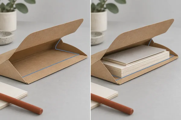 An empty and filled paper envelope show different flap reach with the same highlighted fold path.