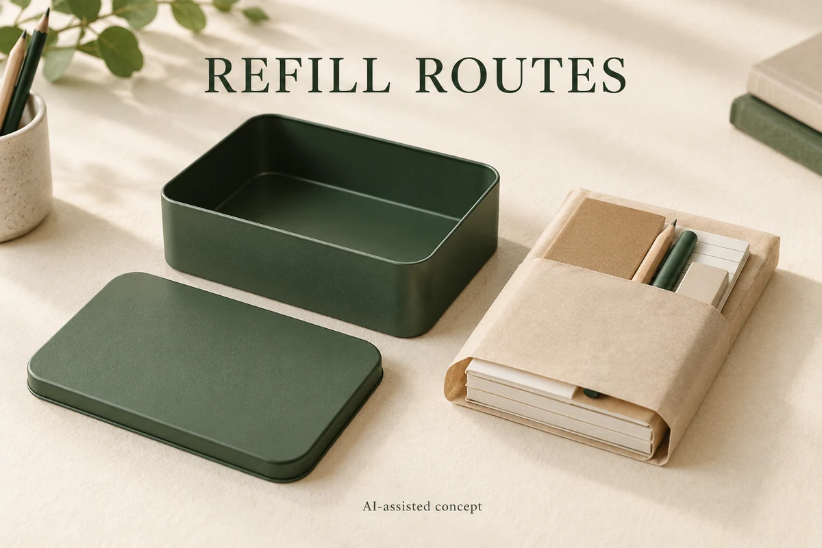 Hypothetical collection-and-refill and replacement-content models, not a Packrivo service.