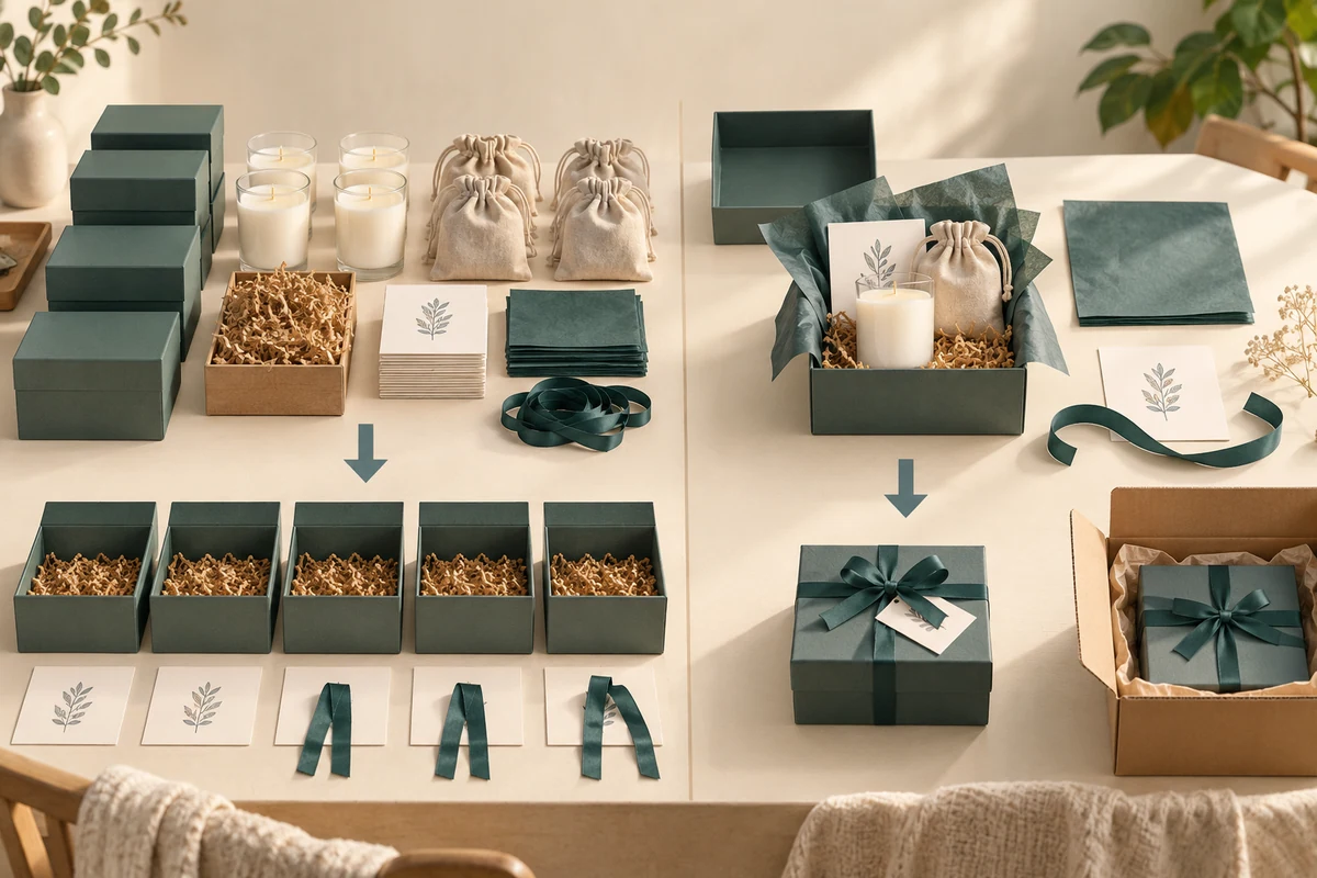 Batch-staged gift components beside one gift completed through all steps