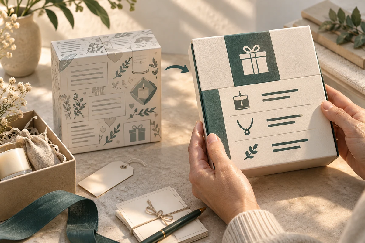 Dense printed gift panel compared with a simpler panel containing large product and information icons