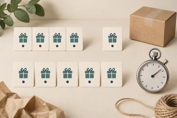Four closely grouped gift-symbol cards and one separated card in an upper row, five spaced gift-symbol cards below, with a stopwatch and sealed kraft carton