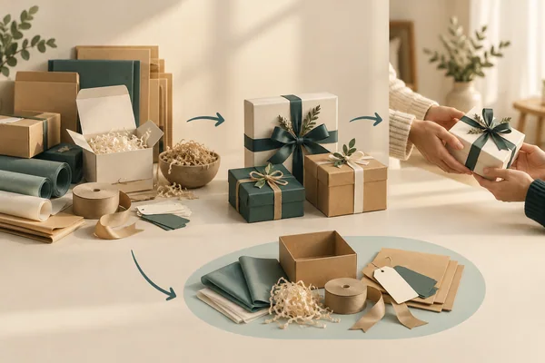 Packaging materials, completed gifts and residual material groups connected by arrows