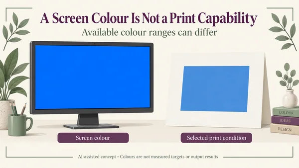 AI-assisted screen-blue patch beside a less saturated hypothetical printed-card patch, illustrating different possible output ranges.
