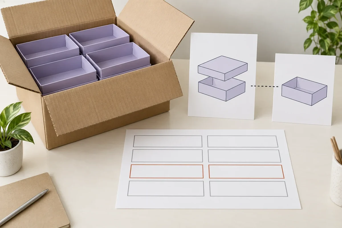 Outer carton with violet packaging units sits beside component-to-unit sketches and a blank reconciliation sheet.