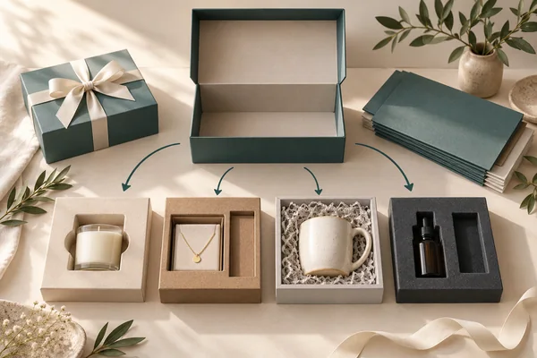 One outer gift box paired with separate product-specific inserts
