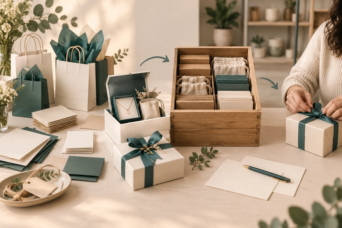 Shopping bags, care cards and gift-wrap materials beside an event supply crate