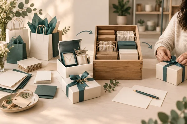 Shopping bags, care cards and gift-wrap materials beside an event supply crate