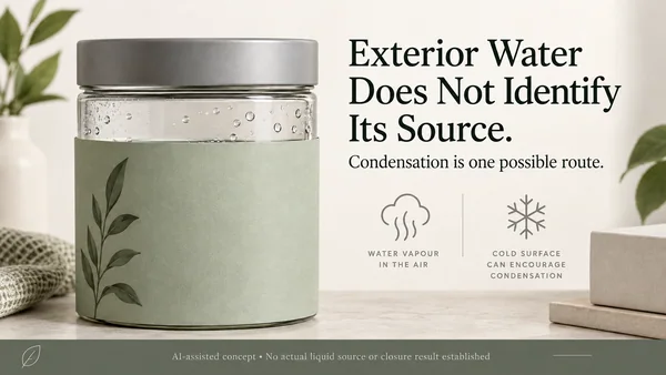 AI-assisted closed glass container in a presentation sleeve with hypothetical exterior droplets and surrounding-vapour and cold-surface symbols.