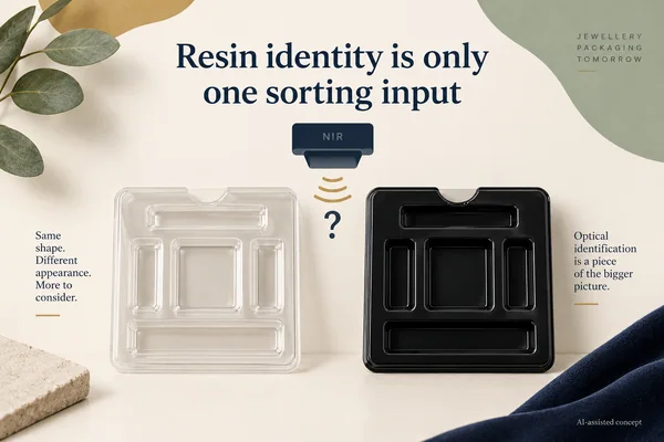 AI-assisted concept. Clear and black tray concepts pose a material-identification question; resin, colourant and sorting performance are hypothetical, not verified samples.