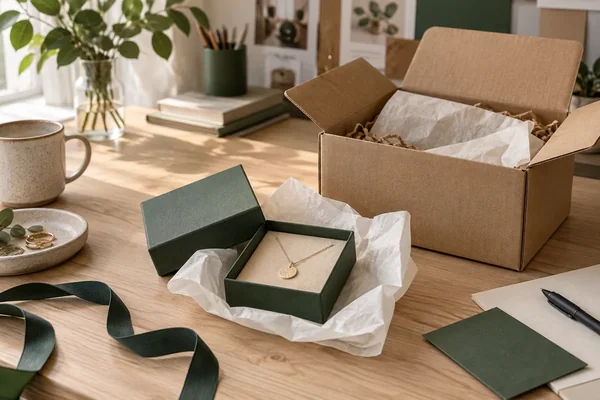 A product gift box, tissue and outer carton arranged as separate packaging components.