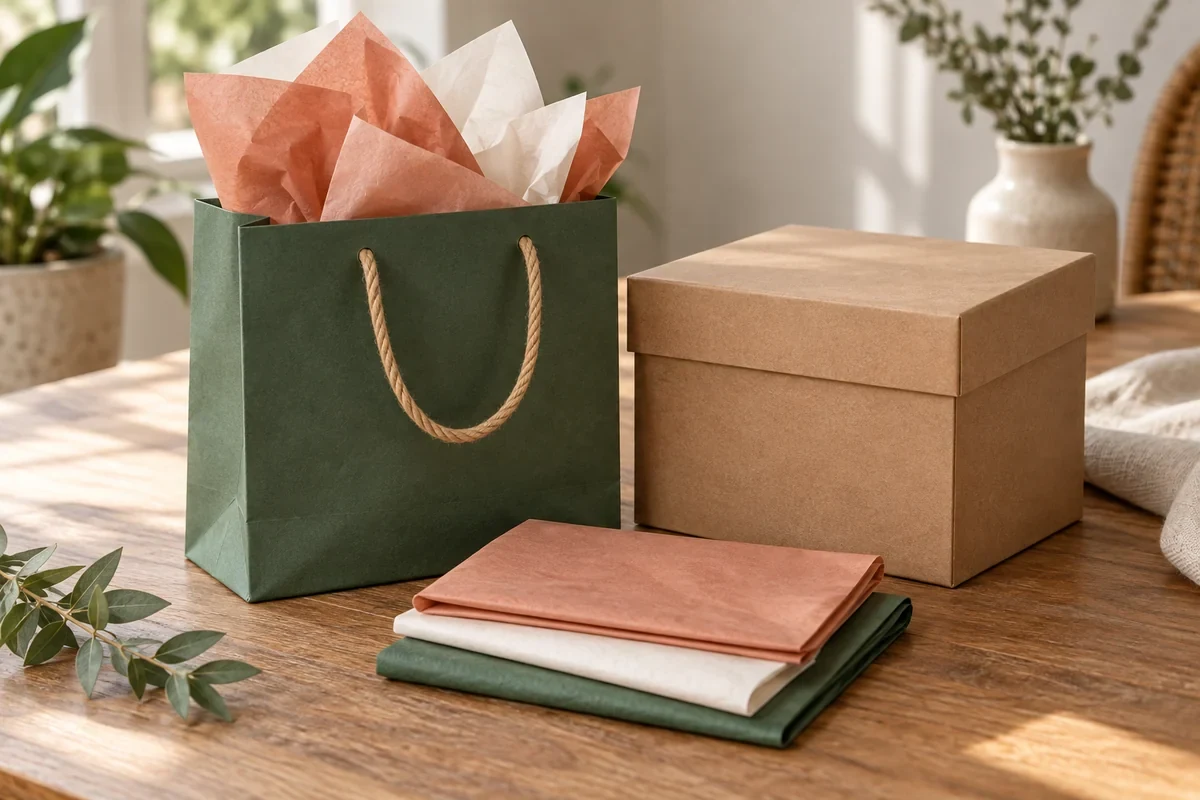 An unbranded gift bag, tissue and gift box arranged as a set.