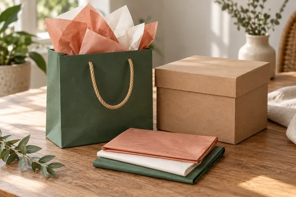 An unbranded gift bag, tissue and gift box arranged as a set.