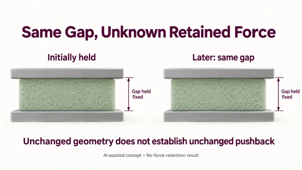 AI-assisted flat foam pad held between rigid parallel plates at an unchanged gap in initial and later hypothetical scenes, with force unknown.