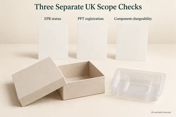 Conceptual paperboard box and separate plastic insert beneath three blank review cards for EPR status, PPT registration and component chargeability.