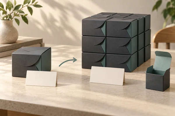 Single small sample box pointing toward a larger production group beside blank offer cards