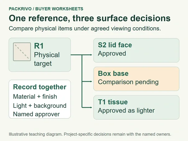 Physical color reference R1 branches to approved S2 lid face, pending box base and T1 tissue approved as lighter under shared review conditions.